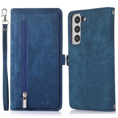For Samsung Galaxy S22 5G PU Leather Zipper Folio Wallet Case Multi-Functional 9 Card Holder Slots Flip Protective Phone Cover with  Wrist Strap - Blue