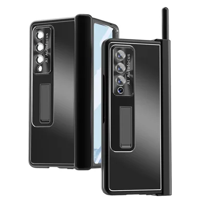 For Samsung Galaxy Z Fold4 5G Stylus Pen Design PC+Aluminum Alloy Kickstand Phone Case Len Protection Cover with Tempered Glass Screen Film - Black
