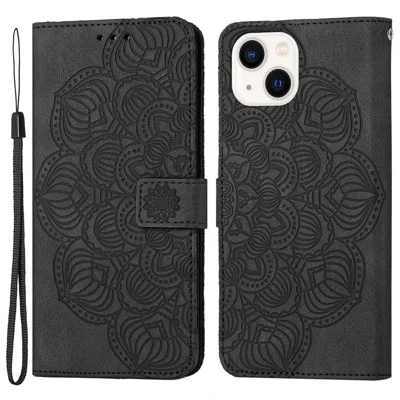 For iPhone 14 6.1 inch Mandala Flower Imprinted PU Leather Magnetic Flip Cover Stand Feature Hand Strap Wallet Purse Case - Black