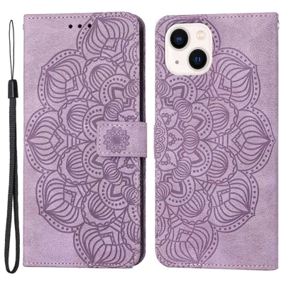 Für iPhone 14 Plus Mandala Blume geprägtes Ledertasche aus PU-Leder mit Armband und Ständer Funktion Klappdeckel - Lila