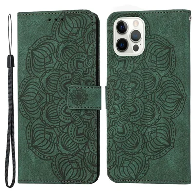 For iPhone 14 Pro Max 6.7 inch Imprinted Mandala Flower PU Leather Phone Case Wallet Stand Magnetic Protective Cover with Wrist Strap - Green