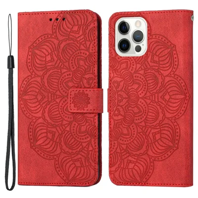 Für iPhone 14 Pro 6,1 Zoll Bedruckte Mandala-Blumen-Brieftaschenhülle aus PU-Leder, Soft-TPU-Folio-Klappschutz mit Tragegurt - Rot