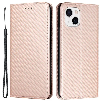 For iPhone 14 6.1 inch Carbon Fiber Texture PU Leather Case Auto Magnetic Closed Flip Stand Wallet Cover - Rose Gold