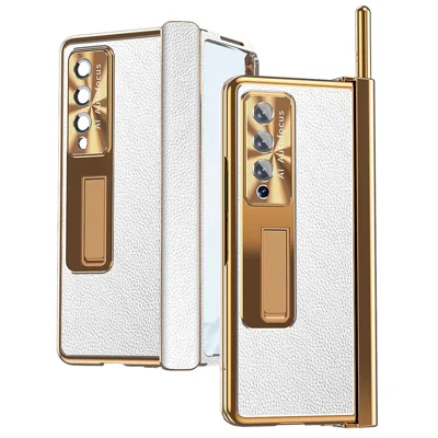 For Samsung Galaxy Z Fold3 5G Litchi Texture Phone Case Double Hinge Leather Coated PC Cover with Tempered Glass Film and Stylus Pen - Gold / Silver