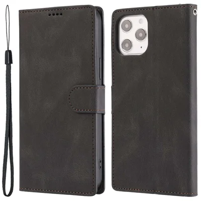 For iPhone 14 Pro 6.1 inch PU Leather Drop-proof Phone Case Wallet Stand Protective Cover with Strap - Black
