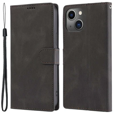 For iPhone 14 Plus PU Leather Full Protection Phone Wallet Case Flip Stand Protective Cover with Strap - Black