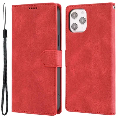 For iPhone 14 Pro Max 6.7 inch PU Leather Wallet Function Phone Shockproof Case Anti-drop Stand Cover with Strap - Red