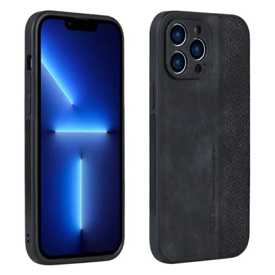 AZNS For iPhone 13 Pro Max 6.7 inch Anti-scratch Phone Case PU Leather Coated TPU Shockproof Mobile Phone Cover - Black
