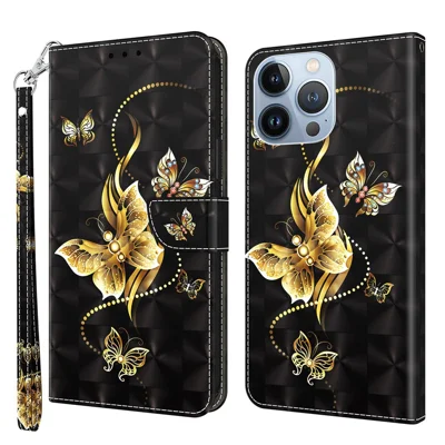 Phone Case For iPhone 14 6.1 inch, Stand Function 3D Pattern Printing PU Leather + TPU Wallet Style Protector with Strap - Golden Butterflies
