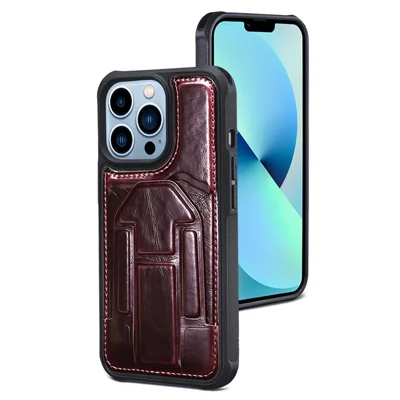 For iPhone 14 Pro Max 6.7 inch Crazy Horse Texture PU Leather Coated TPU Card Holder Case Kickstand Phone Cover - Wine Red