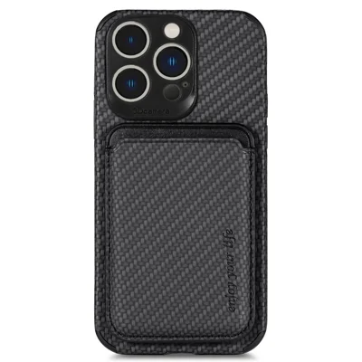 For iPhone 14 Pro 6.1 inch Anti-drop Carbon Fiber Texture Detachable Phone Case Magnetic Card Holder PU Leather + TPU Back Cover - Black