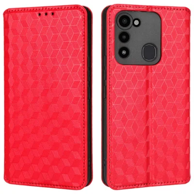 For TECNO Spark 8C 4G / Spark Go 2022 4G KG5 Case Imprinting Rhombus Pattern PU Leather Phone Stand  - Red