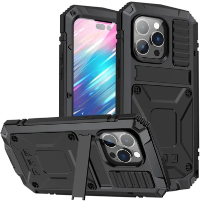 Pour Iphone 14 Pro Max 6,7 Pouces à L'épreuve de la Poussière Écoute de Téléphone Anti-automobile Métal + Silicone + Coque Anti-wear Kickstand Avec Film en Verre Trempé - le Noir