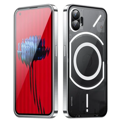 For Nothing phone (1) 5G Drop-proof Slim Phone Case with Metal Frame Magnetic Back Cover with Integrated Lens Cover - Silver