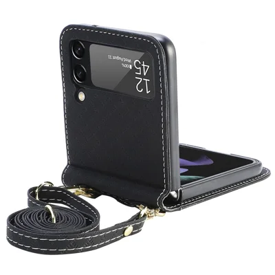 For Samsung Galaxy Z Flip3 5G Shockproof Phone Cover with One-piece Design Grid Imprinted Mobile Phone Case with Long Lanyard Card Holder - Black