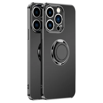 For iPhone 14 Pro 6.1 inch Straight Edge Phone Cover Ring Holder Kickstand Built-in Magnetic Metal Sheet Design Electroplating TPU Matte Phone Case - Black