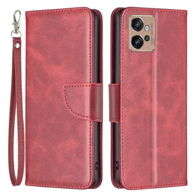 For Motorola Moto G32 4G Case Smooth Leather Wallet Stand Mobile Phone Cover with Strap - Red
