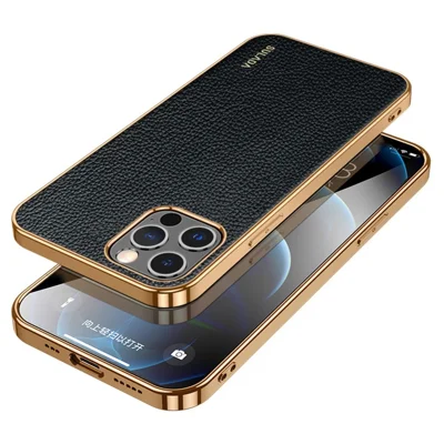 SULADA for iPhone 14 Pro Max 6.7 inch Litchi Texture Electroplating Anti-scratch Cover PU Leather Coated PC + TPU Mobile Phone Case - Black