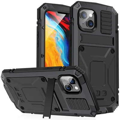 R-JUST for iPhone 14 6.1 inch Shockproof Hybrid Phone Case Protective Back Cover Kickstand with Screen Protector - Black
