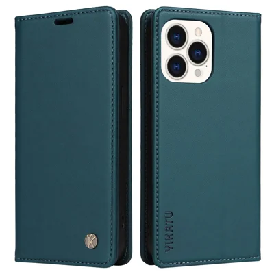 YIKATU Drop-proof Phone Cover For iPhone 14 Pro 6.1 inch, YK- 001 Scratch-resistant Magnetic Auto-absorbed PU Leather Flip Wallet Case Stand - Green