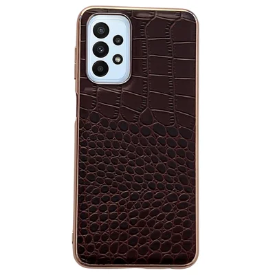Gold Crocodile Series for Samsung Galaxy A73 5G Genuine Cowhide Leather Coated TPU+PC Case Electroplating Phone Cover - Coffee