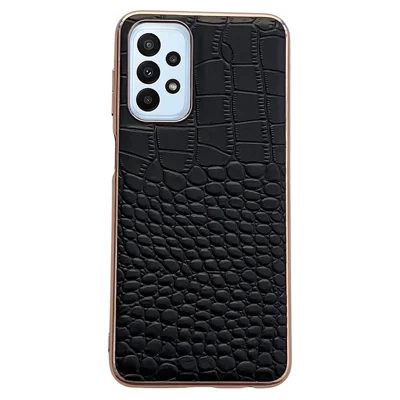 Gold Crocodile Series Electroplating Phone Case for Samsung Galaxy A13 4G, Genuine Cowhide Leather+TPU+PC Shell - Black