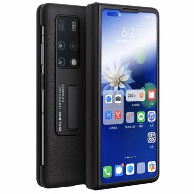 QIALINO For Huawei Mate X2 5G Smart Auto Wake Up  /  Sleep View Window Phone Case Genuine Cowhide Leather Anti-drop Phone Flip Cover with Hidden Kickstand - Black