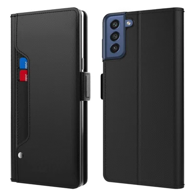 Drop-proof Phone Case For Samsung Galaxy S21 FE 5G, Full Protection Makeup Mirror Magnetic Closure PU Leather +TPU Protective Cover Shell Stand with Card Slots - Black