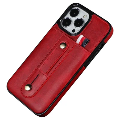 For iPhone 14 Pro Max 6.7 inch Card Slot Kickstand Protective Cover PU Leather Coated TPU Phone Case - Red