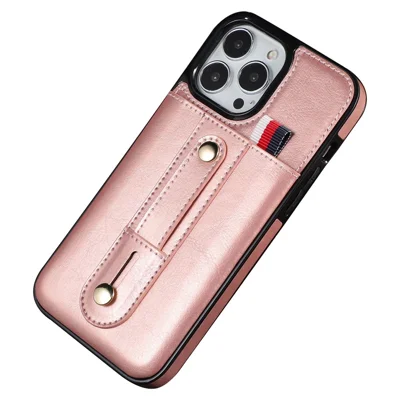 For iPhone 14 Plus Precise Cutout Anti-fall Phone Case Card Slot Kickstand Hand Grip Strap Design PU Leather+TPU Cover - Rose Gold