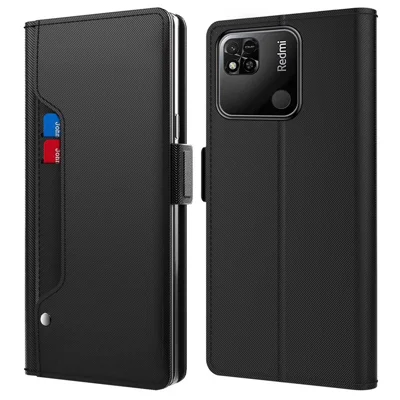 Voor Xiaomi Redmi 9C / 9C NFC / 10A Stand Make-up Spiegel Design Anti-val Magnetisch PU Leer+TPU Beschermlaag met Kaarthouder - Zwart