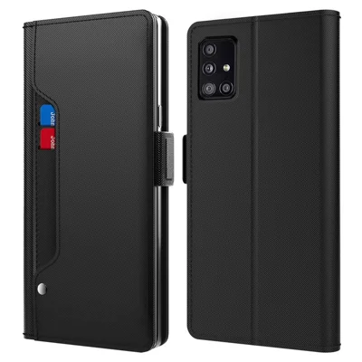 For Samsung Galaxy A51 5G SM-A516 PU Leather Makeup Mirror Stand Case Card Holder Drop-proof Magnetic Phone Cover - Black