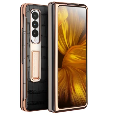 QIALINO For Samsung Galaxy Z Fold3 5G Crocodile Texture Genuine Leather + PC Kickstand Cover Electroplating Phone Case with Tempered Glass - Black