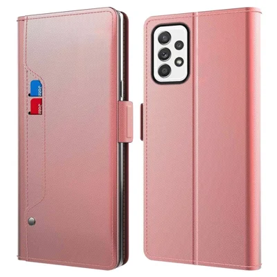 For Samsung Galaxy A52 4G / 5G / A52s 5G Makeup Mirror Stand Leather Case Card Holder Magnetic Clasp Phone Cover - Rose Gold