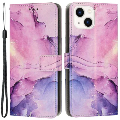 For iPhone 14 / 13 6.1 inch Marble Pattern Printing Stand Phone Case PU Leather Magnetic Clasp Wallet Cover with Strap - Purple