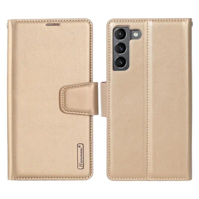 HANMAN Mill Series Phone Case for Samsung Galaxy S22 5G Folio Flip Phone Cover PU Leather Soft TPU Case with Wallet - Gold