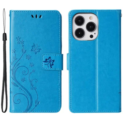 For iPhone 14 Pro Max 6.7 inch Imprinted Butterflies PU Leather Flip Wallet Case Stand Anti-fall Phone Cover with Strap - Blue