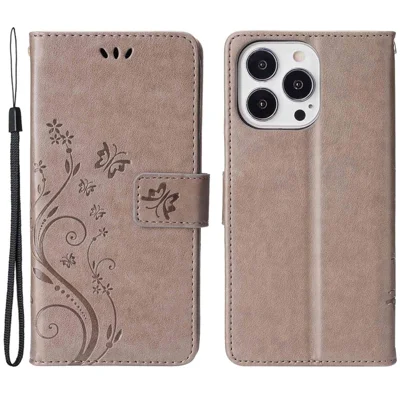 For iPhone 14 Pro 6.1 inch Phone Case Imprinted Butterflies Full Protection PU Leather Wallet Cover Stand with Strap - Grey