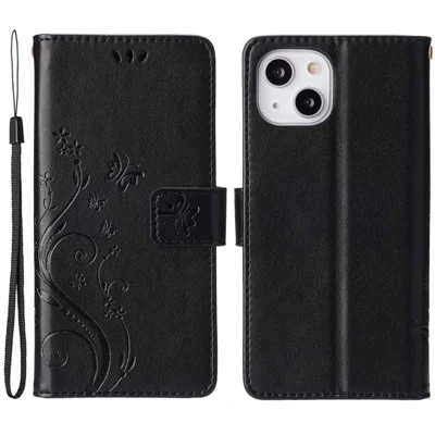 For iPhone 14 Plus Anti-scratch Phone Case Imprinted Butterflies PU Leather Flip Wallet Cover Stand Protective Phone Shell with Strap - Black