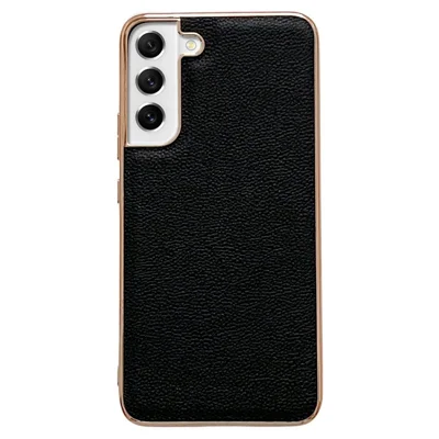 For Samsung Galaxy S21 FE 5G Shockproof Phone Case Genuine Cowhide Leather+TPU Electroplating Anti-drop Phone Cover - Black