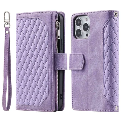 Für iPhone 14 Pro 6.1 Zoll Reißverschlusstaschen-Handyhülle mit Rautengitter-Textur, kratzfest, PU-Leder-Flip-Brieftasche mit Ständerfunktion - Lila