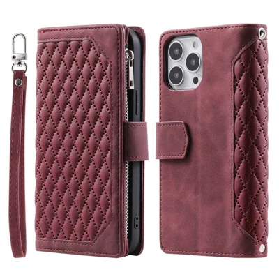 For iPhone 14 Pro Max 6.7 inch Drop-proof Zipper Pocket Phone Cover Card Holder Rhombus Grid Texture Anti-scratch PU Leather Flip Wallet Stand Case - Wine Red