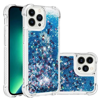 Anti-collision Phone Case for iPhone 14 Pro 6.1 inch, Anti-scratch Liquid Floating Glitter Sequins Decoration Phone Back Cover - Blue / Hearts