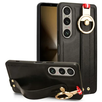 For Sony Xperia 1 VI Case Wristband Finger Loop Leather Coated PC+TPU Phone Cover - Black