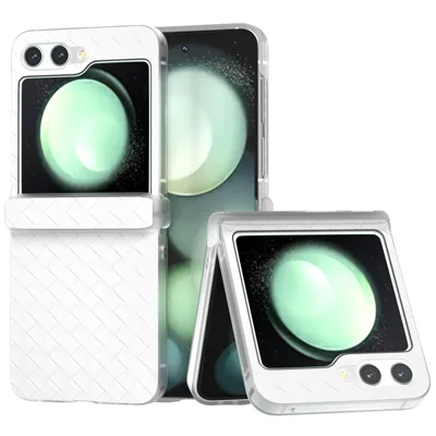For Samsung Galaxy Z Flip7 FE 5G / Z Flip6 5G Case Woven Texture Hinge Protection Leather+PC Folding Phone Cover - White