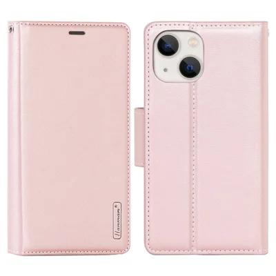 HANMAN Mill Series for iPhone 13 6.1 inch Full Protection Phone Case PU Leather TPU Folio Flip Cover with Stand Wallet - Rose Gold
