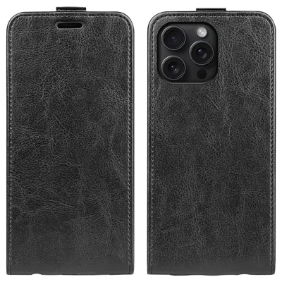 For iPhone 16 Pro Case Crazy Horse Texture Vertical Flip Leather Phone Cover - Black