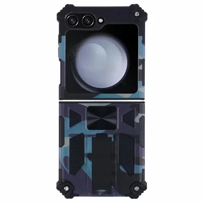 For Samsung Galaxy Z Flip7 FE 5G / Z Flip6 5G / Z Flip5 5G Case Kickstand PC+TPU Camo Protective Cover - Navy Blue