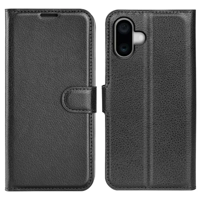 For iPhone 16 Plus Case Litchi-structuur Leren Telefoonhoes Horizontale Stand - Zwart