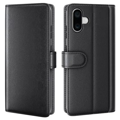 For iPhone 16 Case Genuine Split Leather Phone Cover with Wallet Stand - Black